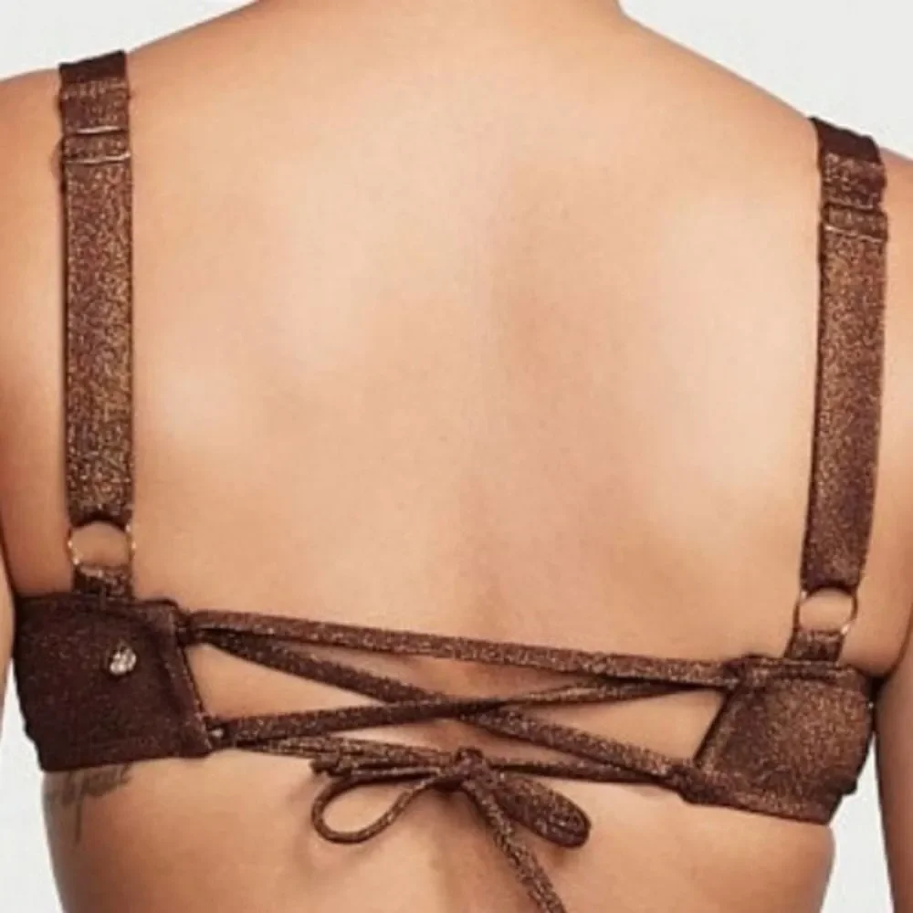 Victoria's Secret bikini top lace up tie in back Lurex Truffle Shimme